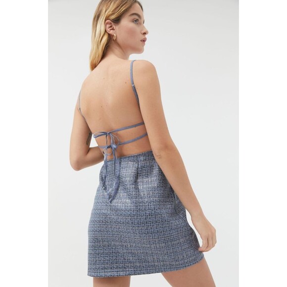 Urban Outfitters Textured Strappy Back Mini Dress Houndstooth Blue Size MEDIUM - Picture 7 of 7